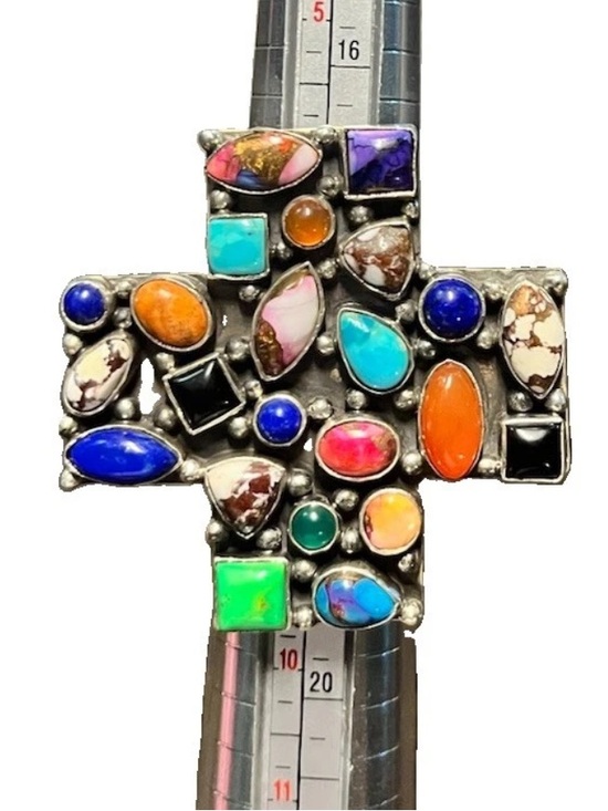 Artisan Jewelry - Multi-stone Large Sterling Silver Adjustable Cross Ring.